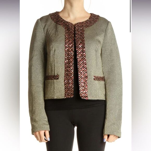 Anthropologie BEATRICE B. Gray Metallic Sequin Border Jacket M - Picture 1 of 14